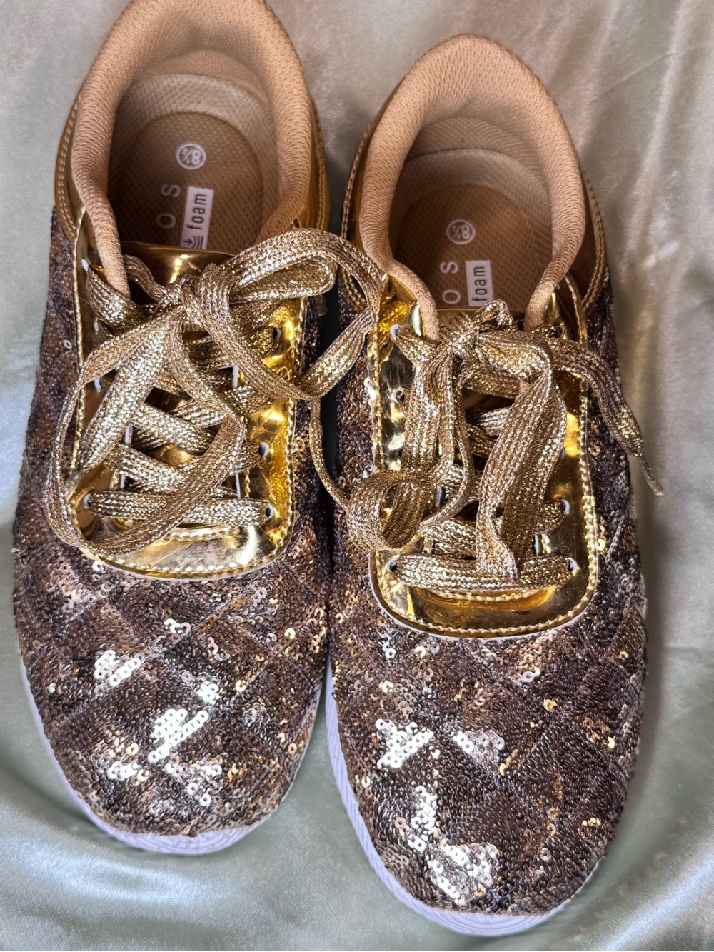 Belos Sequin Gold Metallic Fashion Casual Memory Foam Sneakers w/ Shimmer Laces
